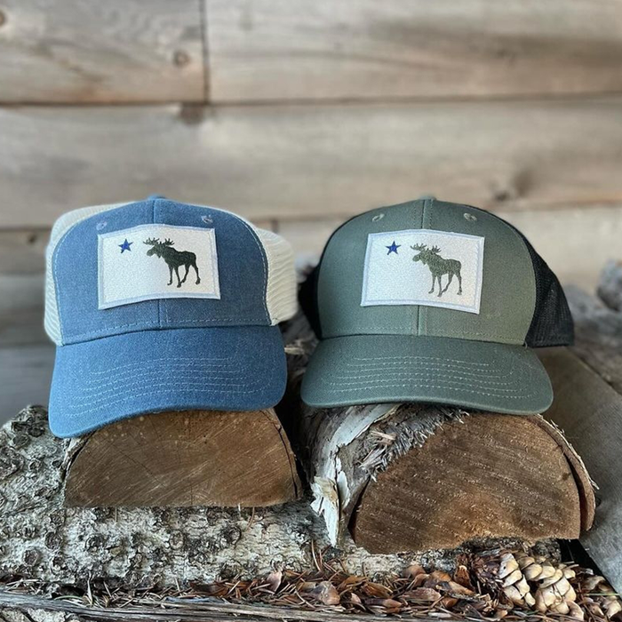 ME Moose Flag Patch Trucker Hat Stone Wash